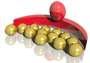 abstract 3d rendering of a greedy red man hogging golden balls
