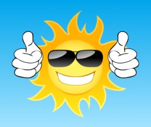Smiling sun with glasses in the sky. Vector illustration